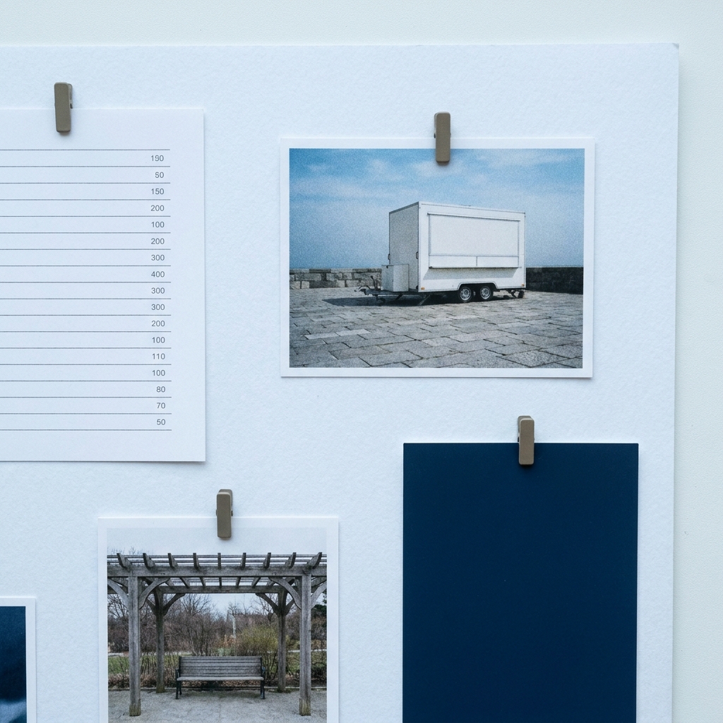 Moodboard: kühles Papier, Haarlinien, Wagen am Strassenrand